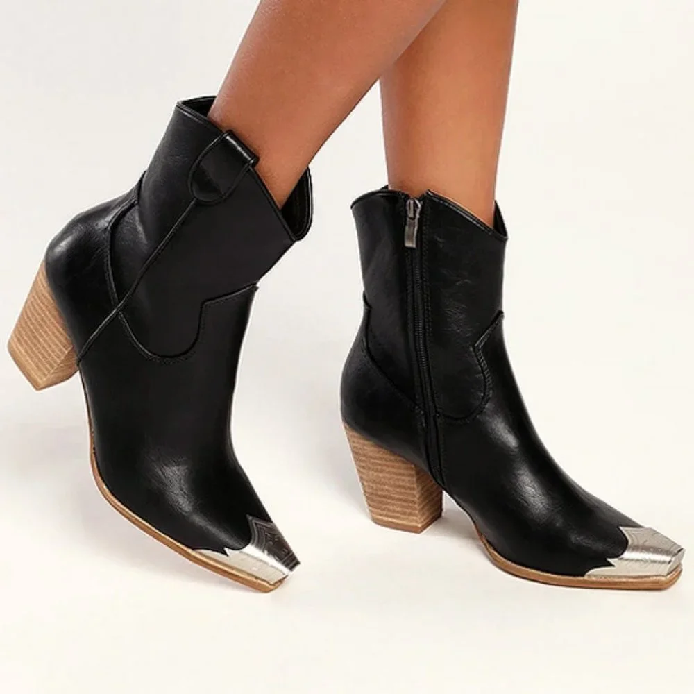 NEW Black PU Leather Metal Cap Toe Block Heel Cowgirl Cowboy Western Ankle Boots - Picture 14 of 14